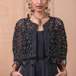Tarun Tahiliani Black Cutwork Cape & Jumpsuit Set -Outlet Loometta Store 12623tt21 3