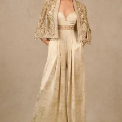 Tarun Tahiliani Gold Gara Embroidered Cape & Jumpsuit Set
