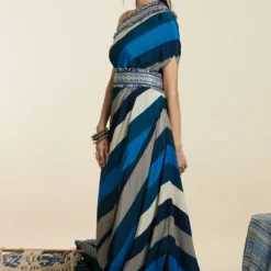 SVA Blue-Hued Stripe Print One-Shoulder Cowl Dress -Outlet Loometta Store 181123sva90 3