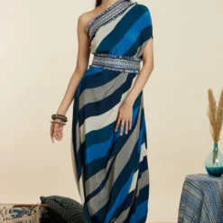 SVA Blue-Hued Stripe Print One-Shoulder Cowl Dress -Outlet Loometta Store 181123sva90 5