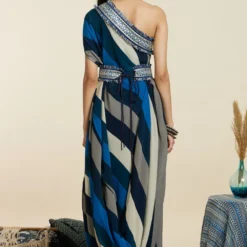 SVA Blue-Hued Stripe Print One-Shoulder Cowl Dress -Outlet Loometta Store 181123sva90 7