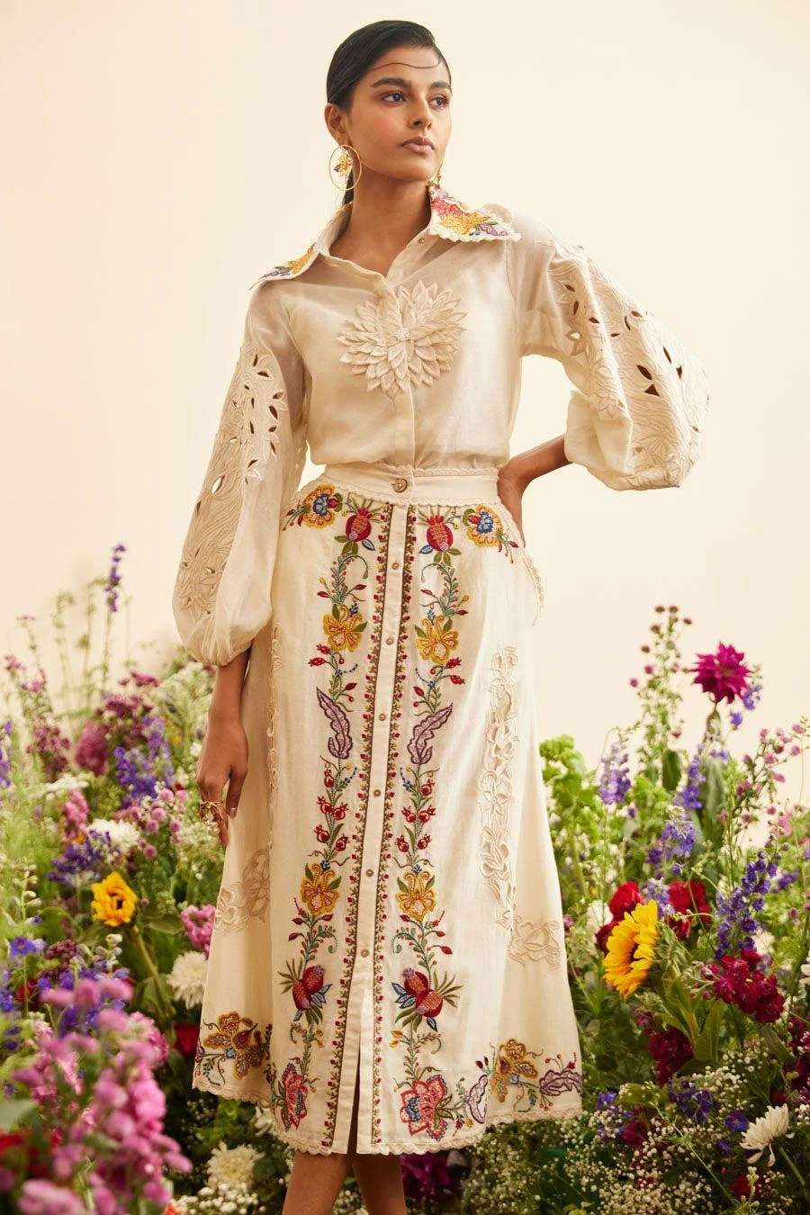 Chandrima Ivory Buttondown Threadwork Skirt 3 Chandrima Ivory Buttondown Threadwork Skirt