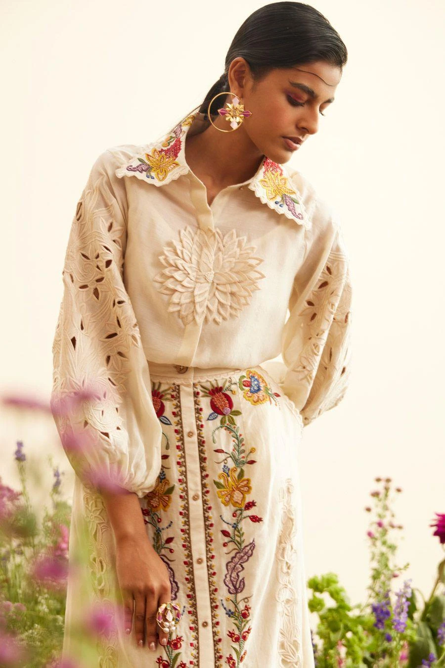 Chandrima Ivory Buttondown Threadwork Skirt 4 Chandrima Ivory Buttondown Threadwork Skirt - Image 2