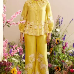 Chandrima Yellow Contrast Threadwork Pants