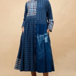 Injiri Navy Blue Hand-done Jamdani Checkered Dress