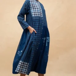 Injiri Navy Blue Hand-done Jamdani Checkered Dress -Outlet Loometta Store 202inj3 3