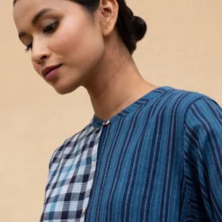 Injiri Navy Blue Hand-done Jamdani Checkered Dress -Outlet Loometta Store 202inj3 5