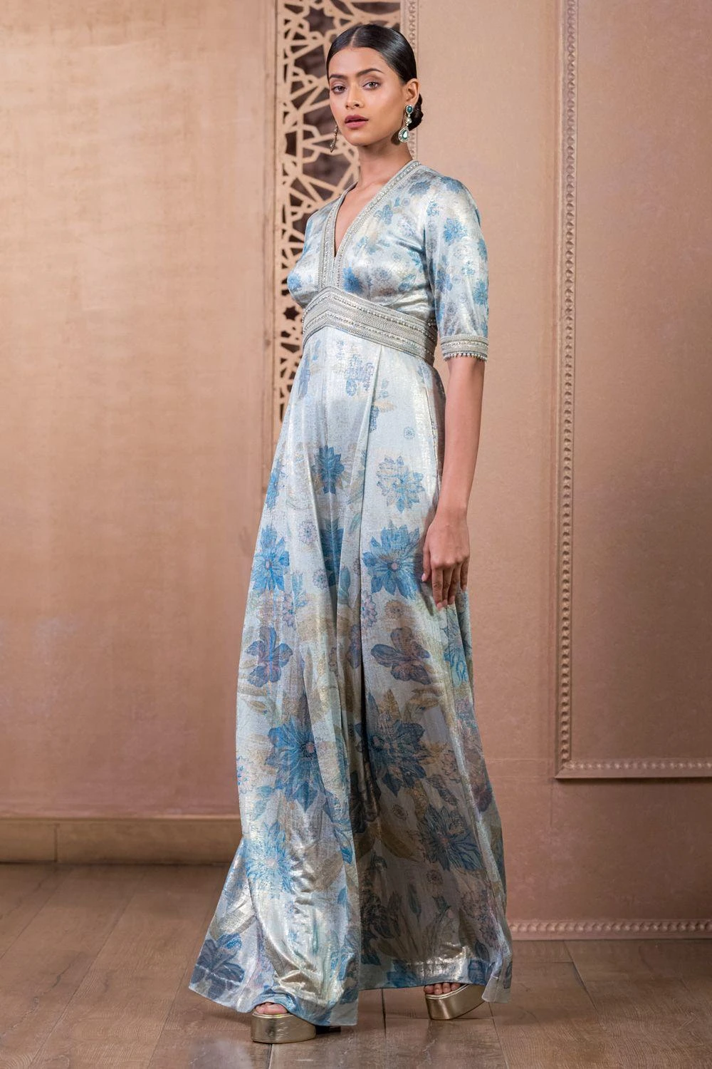 Tarun Tahiliani Blue Floral Printed Jumpsuit 4 Tarun Tahiliani Blue Floral Printed Jumpsuit - Image 2