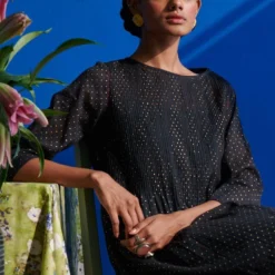 Indigene Black & Teal Pintucked Dress -Outlet Loometta Store 2411ind8 2