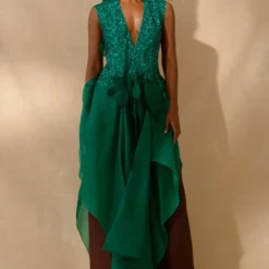 Richa Khemka Emerald Green Ruffle Cape & Brown Jumpsuit