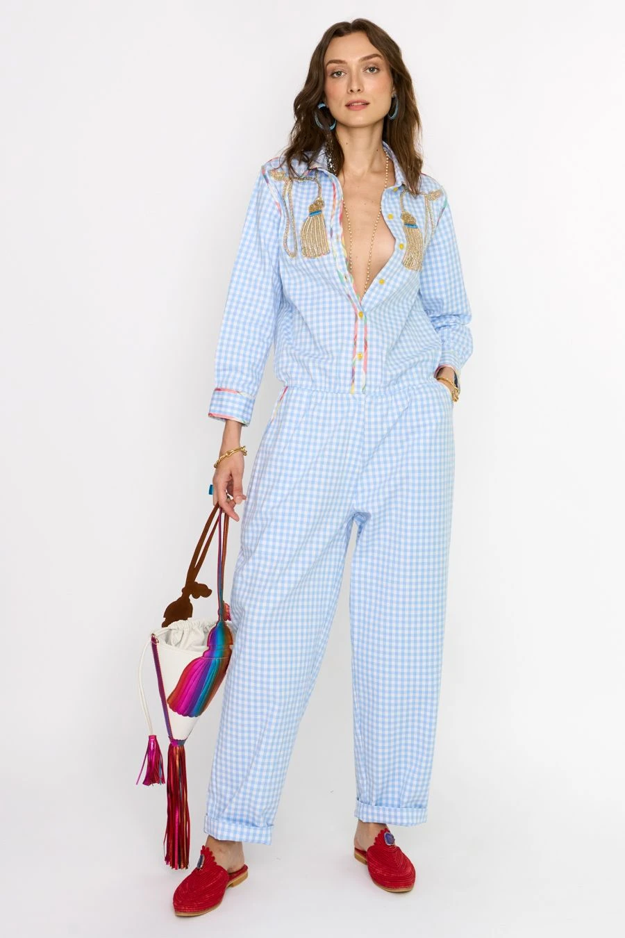 Rara Avis Sky Blue Hand Embellished Checkered Jumpsuit 3 Rara Avis Sky Blue Hand Embellished Checkered Jumpsuit
