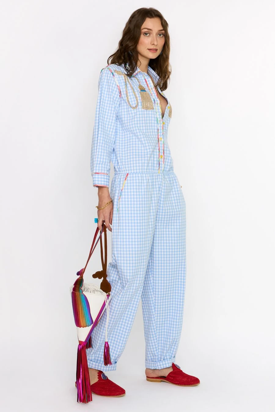 Rara Avis Sky Blue Hand Embellished Checkered Jumpsuit 4 Rara Avis Sky Blue Hand Embellished Checkered Jumpsuit - Image 2