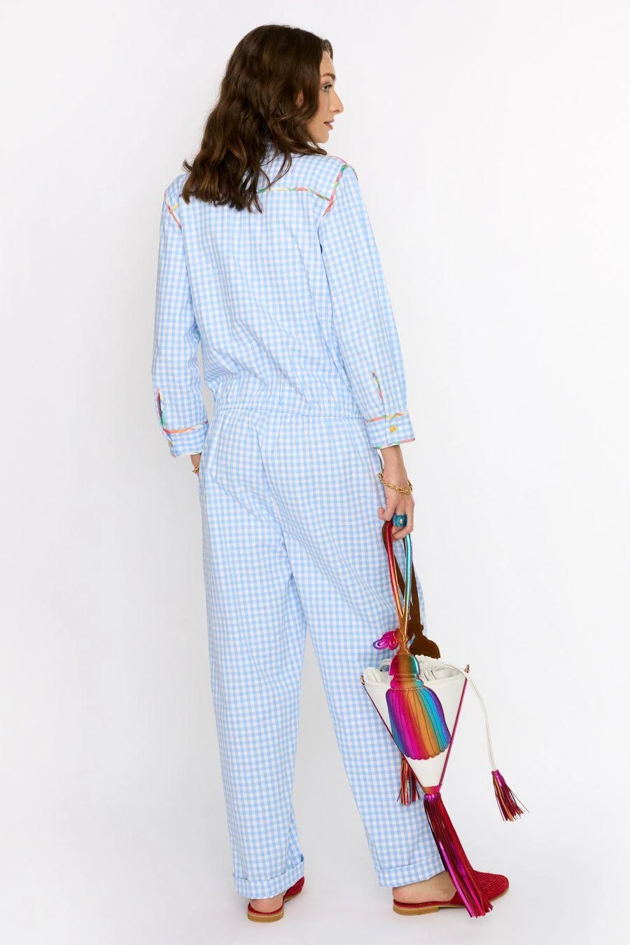 Rara Avis Sky Blue Hand Embellished Checkered Jumpsuit 6 Rara Avis Sky Blue Hand Embellished Checkered Jumpsuit - Image 4