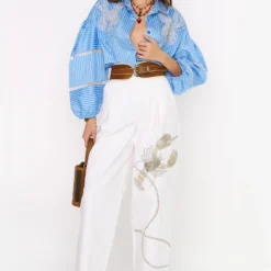 Rara Avis White Hand Embellished Pleated Pants