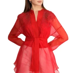 Rohit Gandhi + Rahul Khanna Red Embroidered Top With A Belt -Outlet Loometta Store 25tp26 3