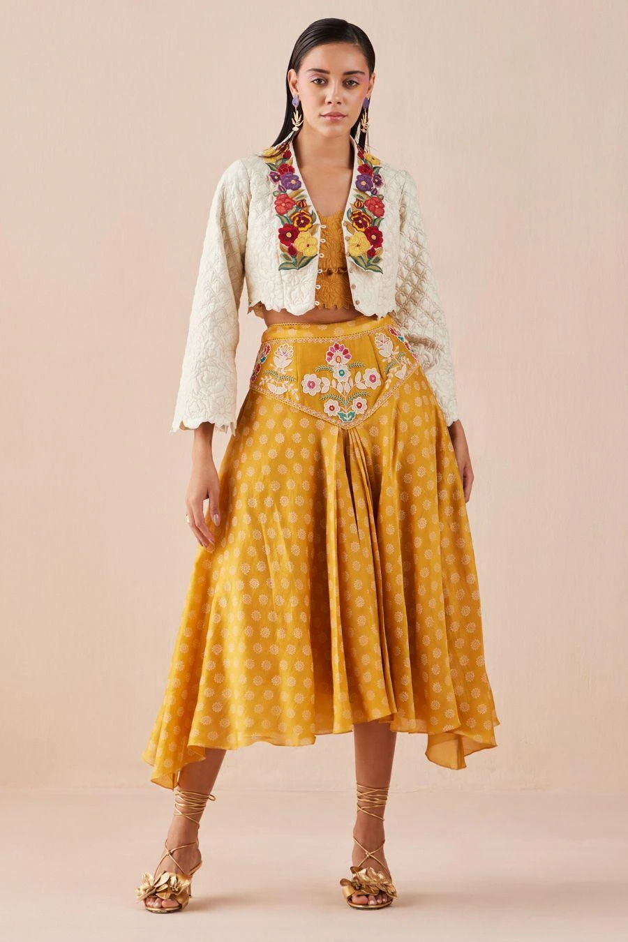 Chandrima Yellow Block Printed Pleated Skirt 3 Chandrima Yellow Block Printed Pleated Skirt