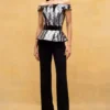 Amit Aggarwal Black Hand Woven Metallic Polymer Off Shoulder Top
