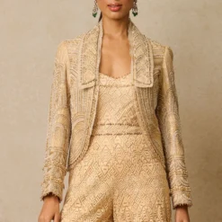 Tarun Tahiliani Beige Crystal Embellished Gilet Set -Outlet Loometta Store 29823tt10 4