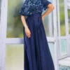 SVA Deep Blue Jumpsuit With An Embroidered Cape