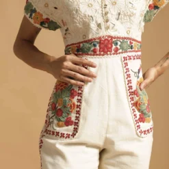 Chandrima Ivory Cotton Jumpsuit With Cutwork Detail -Outlet Loometta Store 319654 3