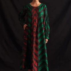 Amrich Emma Red & Green Silk Woven Pleated Shibori Dress