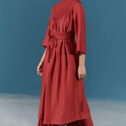 ILK Red Wood Smocked Dress With A Belt -Outlet Loometta Store 411ilk38 2