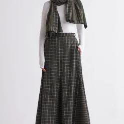 Three Olive Checkered Circular Skirt & An Applique Scarf