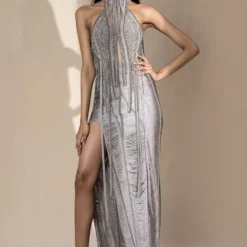 Abhishek Sharma High Collar Halter Neck Embellished Dress