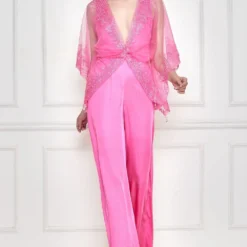 Dilnaz Dopamine Pink Thread Embellished Kaftan & Jumpsuit