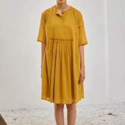Khara Kapas Mustard Yellow Mulmul Cotton Dress