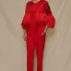 Shriya Som Red Jumpsuit With Feather Capelet -Outlet Loometta Store 912ss22 1