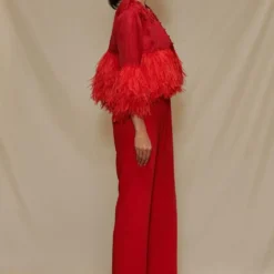 Shriya Som Red Jumpsuit With Feather Capelet -Outlet Loometta Store 912ss22 3