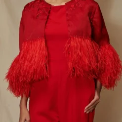 Shriya Som Red Jumpsuit With Feather Capelet -Outlet Loometta Store 912ss22 4