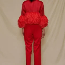 Shriya Som Red Jumpsuit With Feather Capelet -Outlet Loometta Store 912ss22 5
