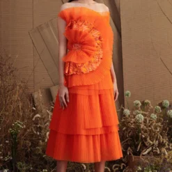 Shriya Som Orange Organza Frill Draped Dress