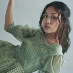 SWGT Sage Green Silk Chanderi Pintucked Dress -Outlet Loometta Store dr1 21 3