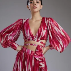 KoAi Chiffon White & Pink Dabu Zig Zag Bow Tie Top -Outlet Loometta Store koss2091 2