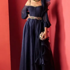 Ridhi Mehra Navy Blue Jumpsuit With A Ruffled Dupatta & Belt