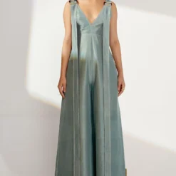 Twinkle Hanspal Teal Silk Jumpsuit With Exaggerated Belts