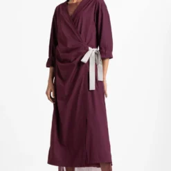 Three Wine Overlapping Dress With Back Pleats