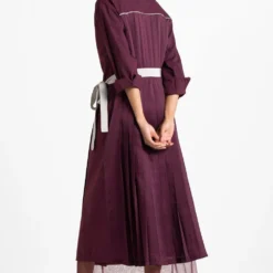 Three Wine Overlapping Dress With Back Pleats -Outlet Loometta Store wf21 j07 4
